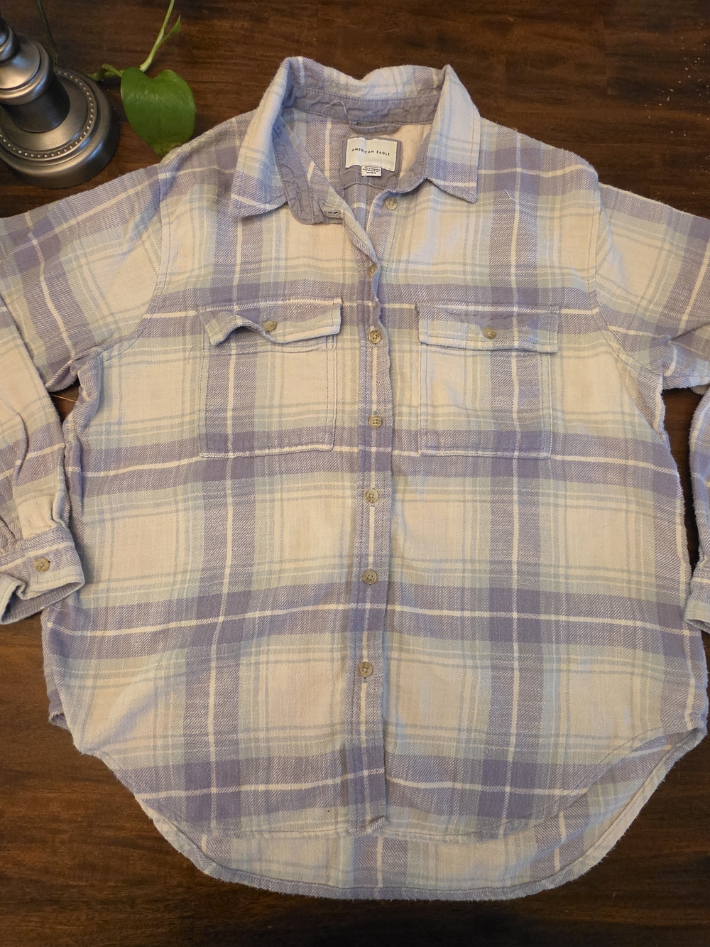 American Eagle Boyfriend Fit Plaid Flannel Button Up Shirt Periwinkle/Blue - Picture 1 of 7
